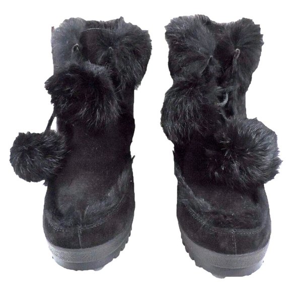 COACH Kataya Black Suede Rabbit Fur Trim Lace Up Wedge‎ Booties - Picture 8 of 10